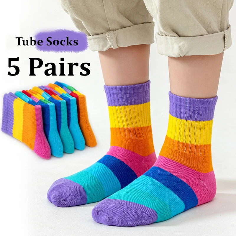 5 Pairs/Lot Children's Rainbow Socks Spring Autumn Coft Cotton Cute 7 Color Rainbow Stripes Boys Girls Sports Tube Socks to 1-12 - Image 2