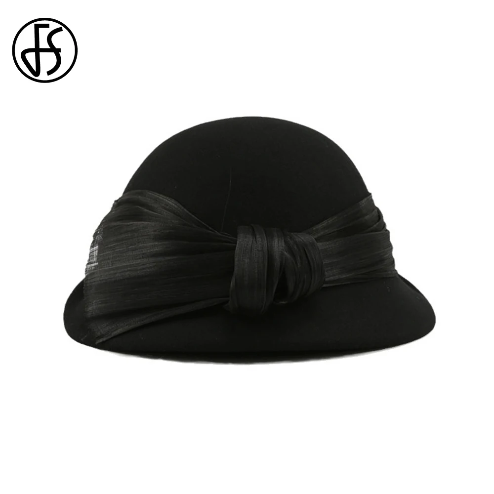 

FS 2024 Spring Black Wool Top Hats For Women Warm Beret Felt Fedoras Bowknot Bucket Hat Ladies Travel Shopping Bowler Cap