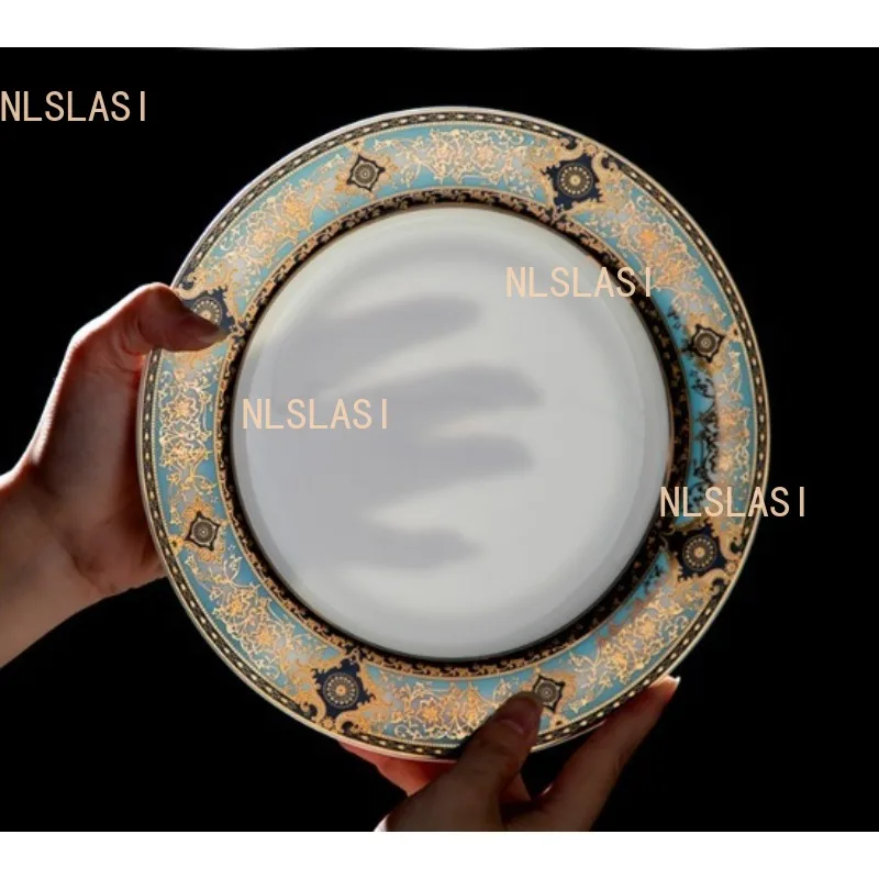1pcs  Ceramic Steak Plate Household Round Western Flat Plate European High-quality Tableware Underglaze Color Craftsmanship