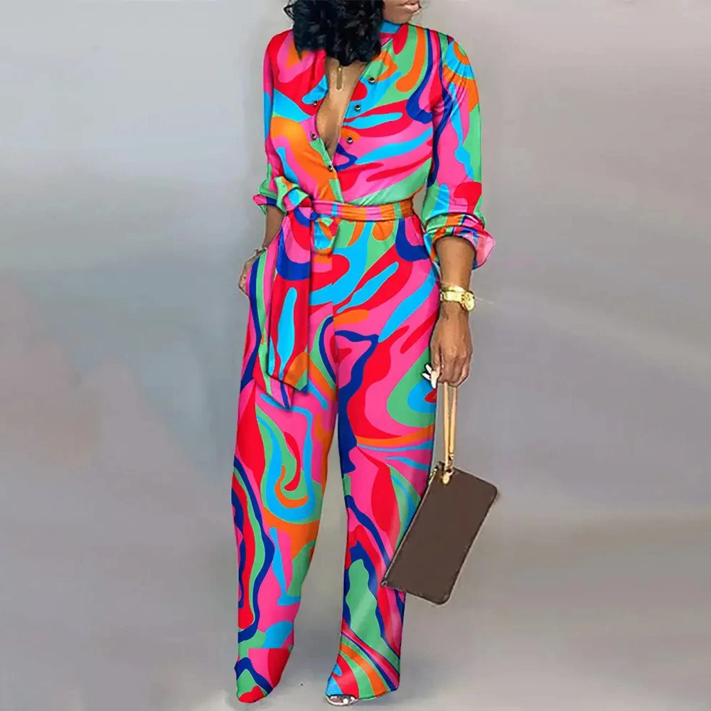 

Женский винтажный комбинезон на пуговицах, повседневный слитный комбинезон с длинным рукавом и брюками с принтом, осень 2023