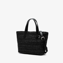 Women's Large Capacity Straw Tote Bag - Luxury Designer Beach Shoulder Handbag (Black Small)