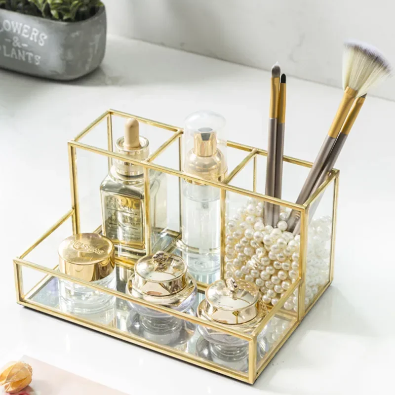 Luxury Makeup Brush Blush Brush Storage Bucket Glass Metal Ornaments Home Decoration Desktop Table Makeup Storage Tube Organizer 4