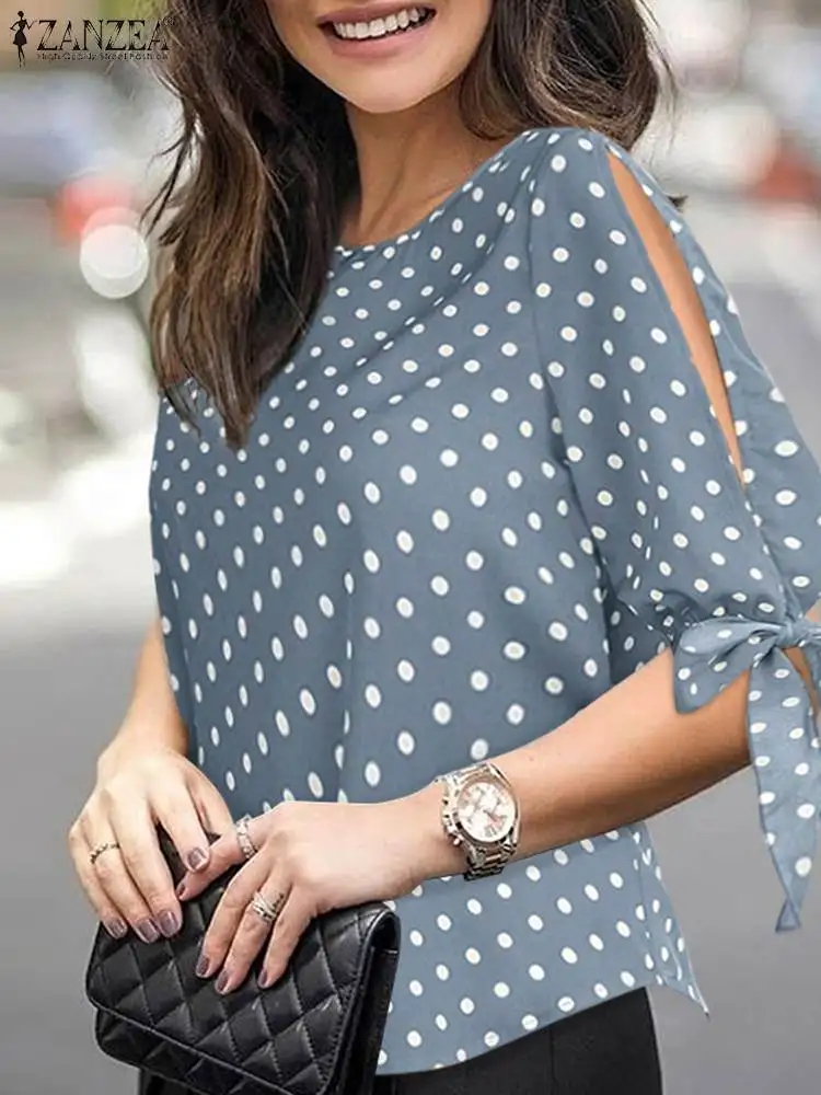 

ZANZEA Fashion Holiday Blouse Woman Half Sleeve O-Neck Tunic Tops Casual Polka Dots Printed Shirt Elegant Loose Chemise 2024