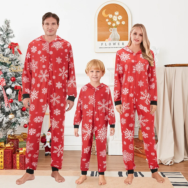 Family Matching Pajamas Christmas Casual Long Sleeve Jumpsuit Zip Hooded Romper Fall Winter Sleepwear