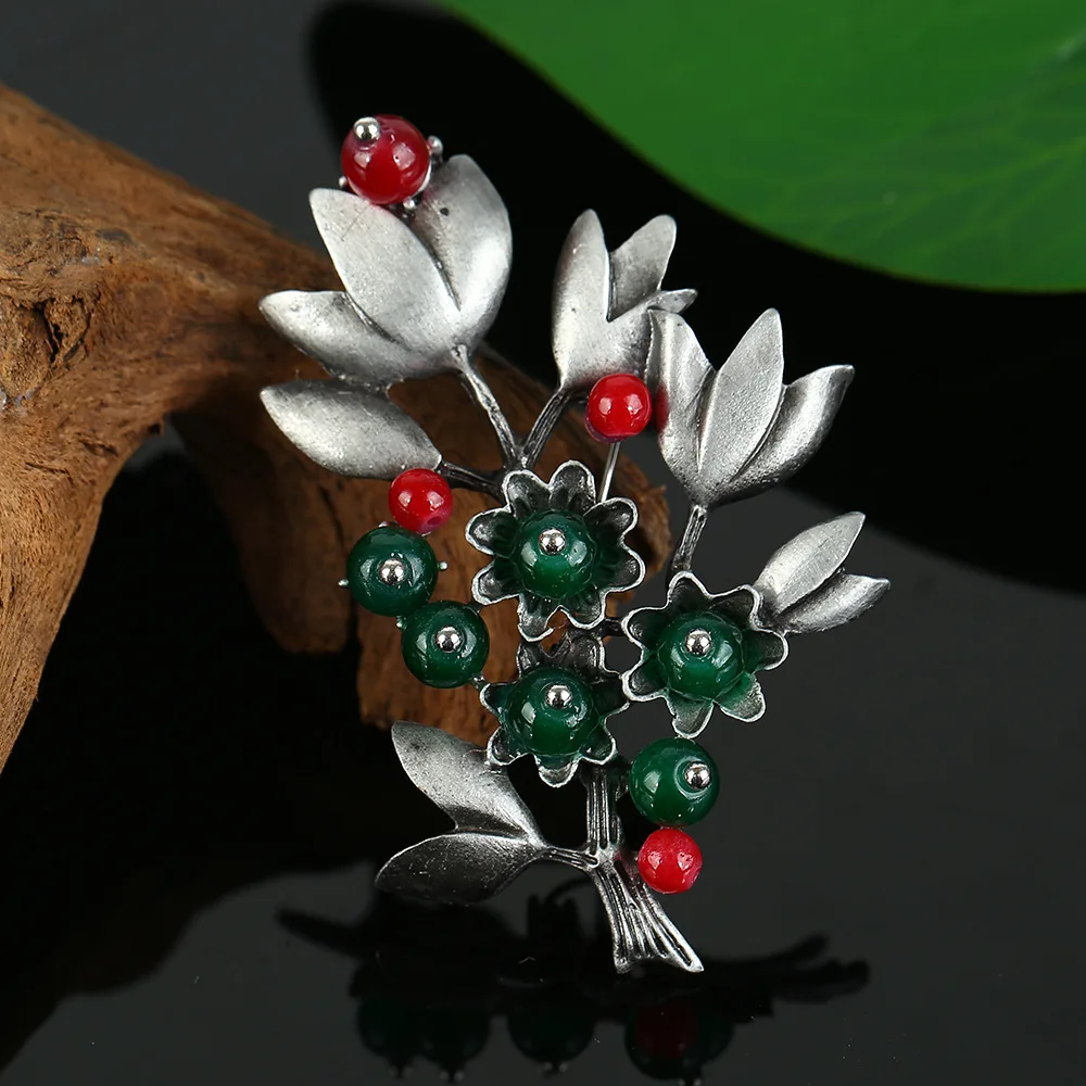 Broche Ancienne Barrette En Agate Montée En Fleur Avec Perles Fines - Longueur 7 Cm, Très Bon état