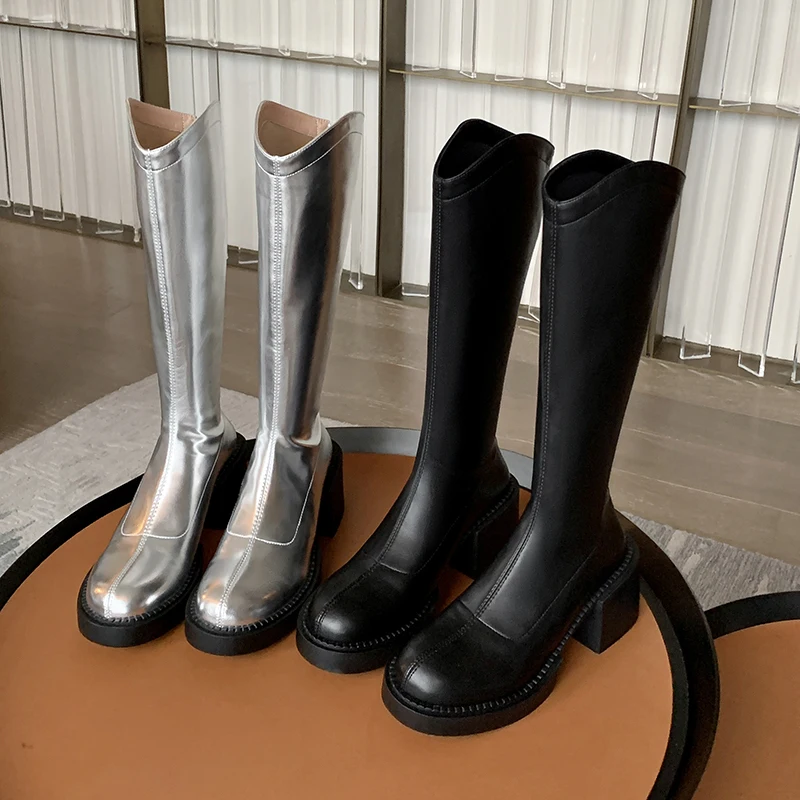 

2023 new Autumn winter Women knee-high boots natural leather 22-25cm Microfiber skin+pigskin modern boots back zip long boots