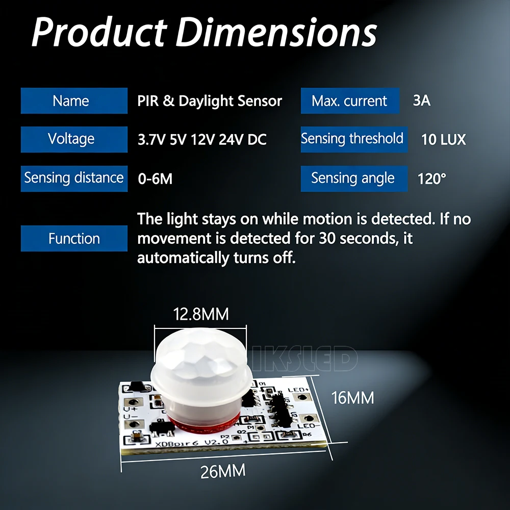 Solar-Powered 12V Motion Sensor Night Light Module with Infrared Daylight Detection