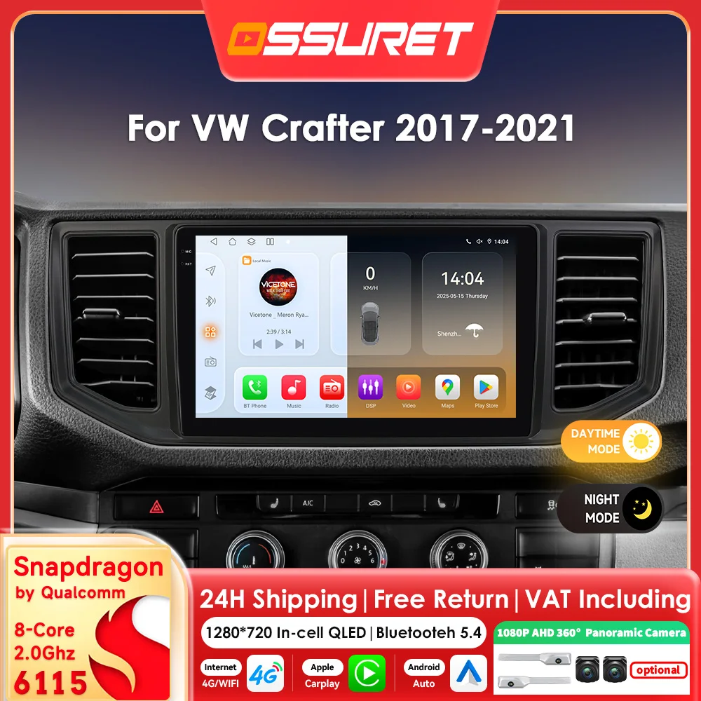 Radio samochodowe 10,1 cala z CarPlay i Androidem 14 do VW Crafter 2017-2021, odtwarzacz multimedialny z procesorem Snapdragon 6115, Autoradio GPS z ekranem i kamerą 360 stopni.