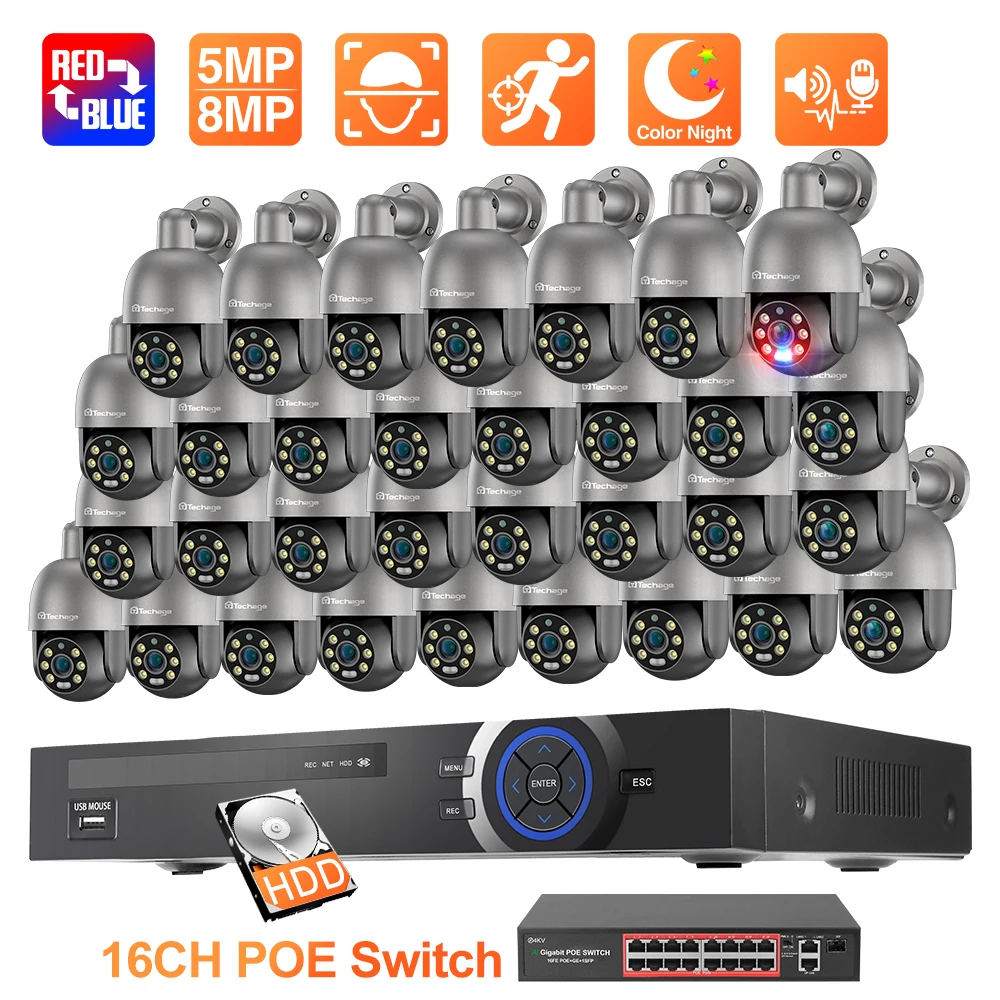 Techage 32CH 4K Surveillance System UHD 8MP PTZ Camera with CCTV Recorder Kit Human Detect Outdoor IP66 Security Camera System