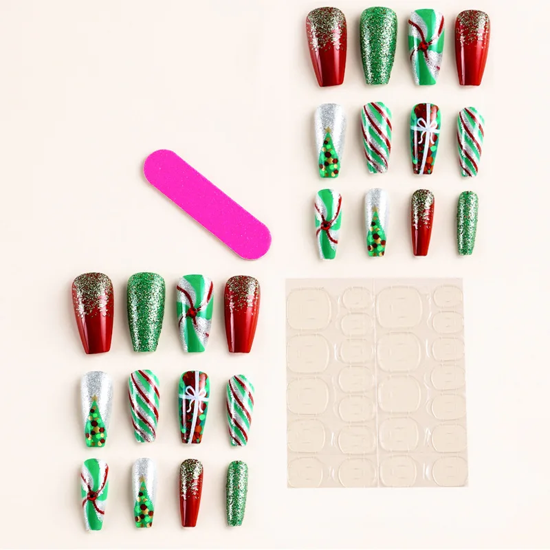Christmas Tree Gift Candy Cane Pattern Sparkly False Nails