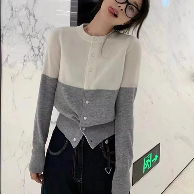 

Women's Cardigan Spring Worsted Wool Knitted Sweater Casual Splicing Blouse Loose Ladies Tops Round Neck Single-breasted Jacket