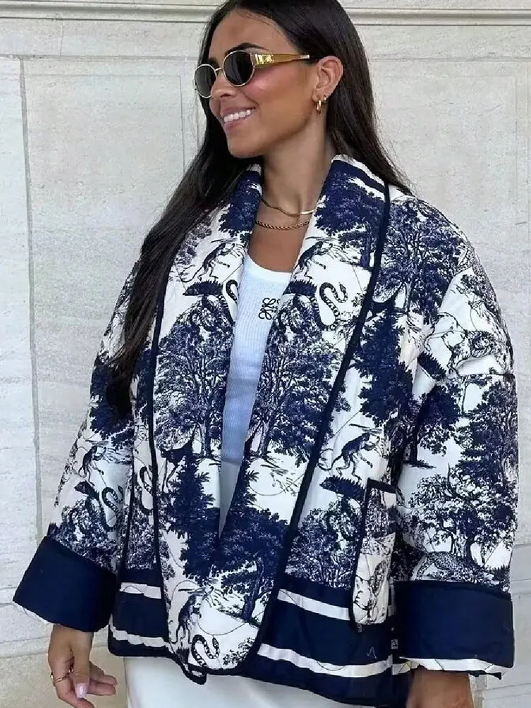 HH Print Short Jacket Women Long Sleeve Warm Pocket Cardigan Coat Autumn Winter New Fashion Y2K Female Street Outwears