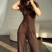 Casual Long Pants Suits Women O-neck Short Sleeve T-shirt Elastic Waist Trousers Set Spring Summer Solid Lady Household Clothes