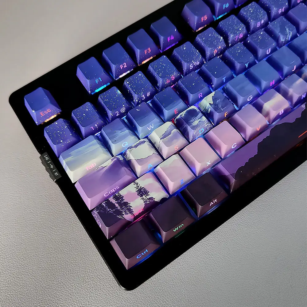 Lado Gravado Keycaps Translúcidos Adequado para 68 75 96 104 Cross Switch Teclado Mecânico Cereja Pbt Amanhecer Roxo Céu Estrelado 125 Chaves - Imagem 4