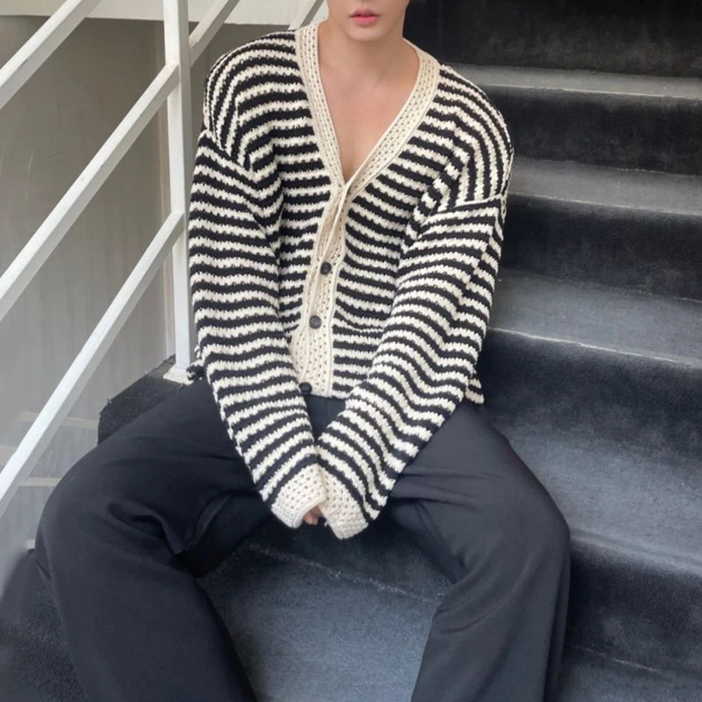 Mens Black White Striped Hollow Casual Thin Knitted Tops Genderless Fashionable Comfortable Cardigan Long Sleeve Shirt Unisex