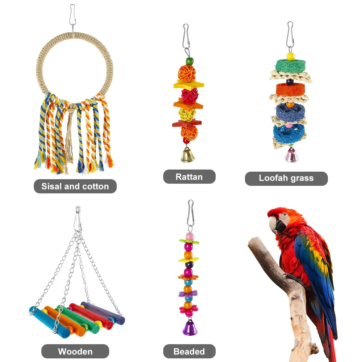 7Pcs Bird Parrot Toy Wood Colorful Bird Swing Toy Hanging Parrot Chewing Playing Training for Parakeets