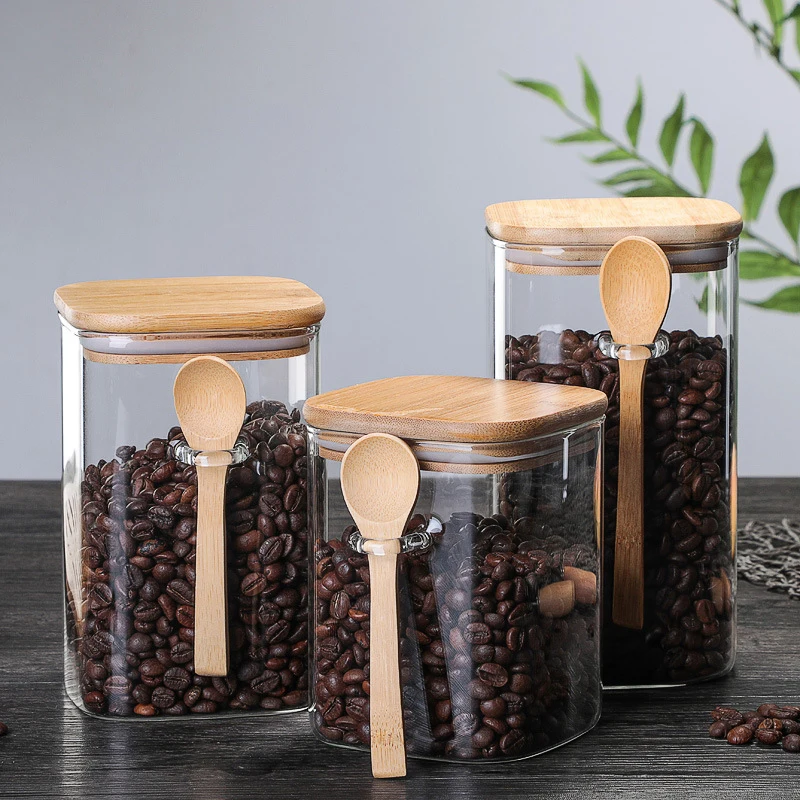 800-1200ml Square Glass Coffee Sealed Storage Jar Wooden Spoon Coffee Bean Cans Household Milk Powder Tea Sugar Storage Can 2