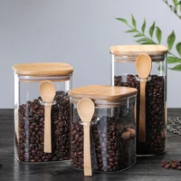 800-1200ml Square Glass Coffee Sealed Storage Jar Wooden Spoon Coffee Bean Cans Household Milk Powder Tea Sugar Storage Can 2
