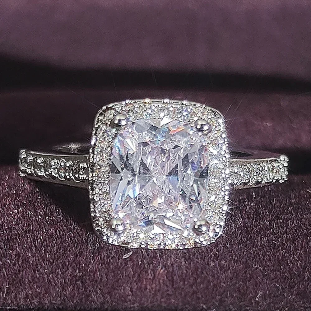 Original Silver Color Cushion Cut Finger Ring Sets for Women Jewelry Pure Wedding Engagement Rings Valentine's Day Gift R466A