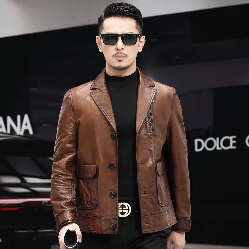 

XC2113 Shi 2021 Autumn/Winter New Sheepskin Oil Wax Genuine Leather Coat Men's Lapel Casual Leather Jacket