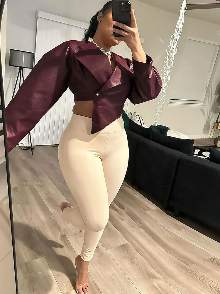 Weird Puss Single Button Crop Jacket Women Hipster Irregular Faux Leather Fall Trend Wild Basic Sexy Cross Neck Streetwear Coat - Image 4