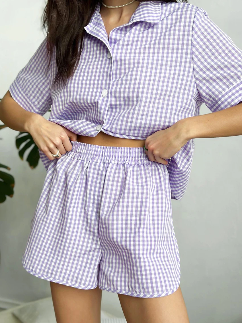 Marthaqiqi Striped Women Nightwear 2 Piece Set Turn-Down Collar Pajamas Half Sleeve Sleepwear Shorts Casual Female Home Clothes