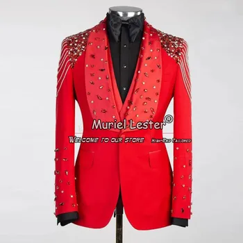 Fatos de casamento vermelhos frisados masculinos, cristais de luxo sparking, Blazer formal de baile, roupa do noivo, elegante, 3 peças