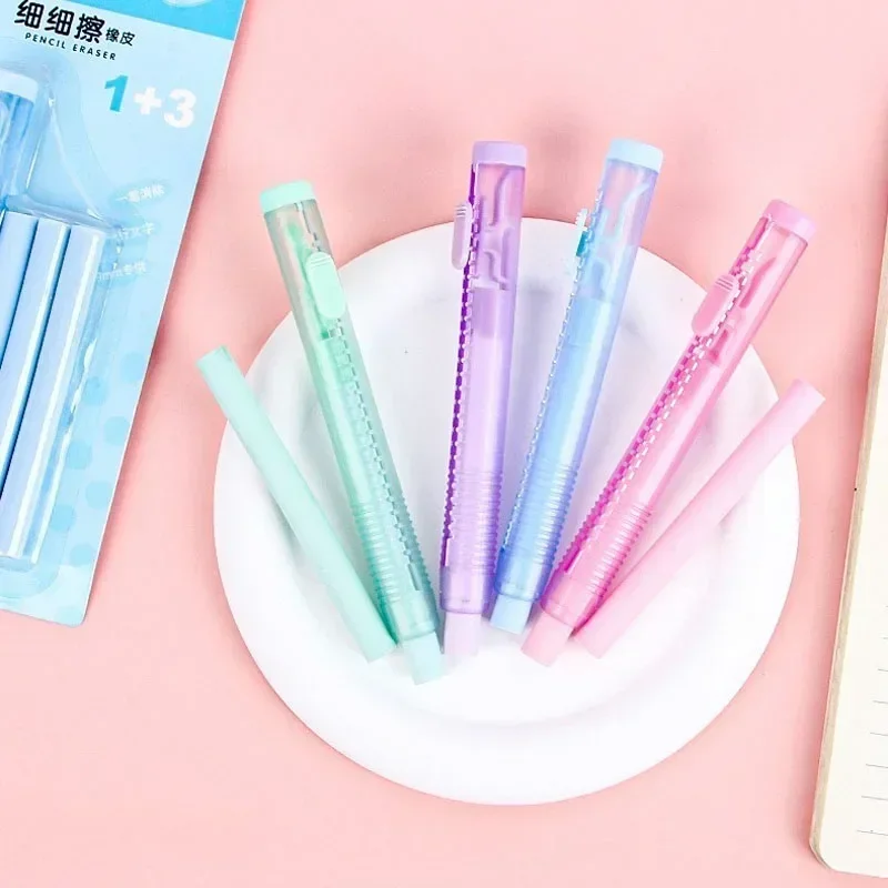 4pcs/set Push-pull Lipsticker Eraser with 3pcs Replace Core Rubber Eraser Pencil Stationery