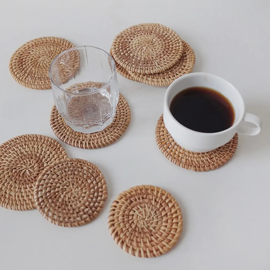 

10CM Mat Pads Handmade Rattan Coasters Insulation Cup Bowl Pad Round Natural Cup Mat Kitchen Decoration Accessories