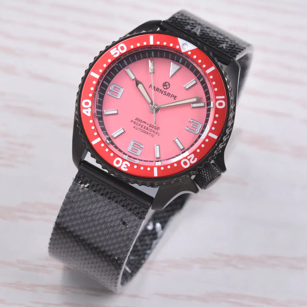 42mmPARNSRPE Luxury Men's Watch Pink Dial Sapphire Glass Japan NH35 Movement Automatic Date