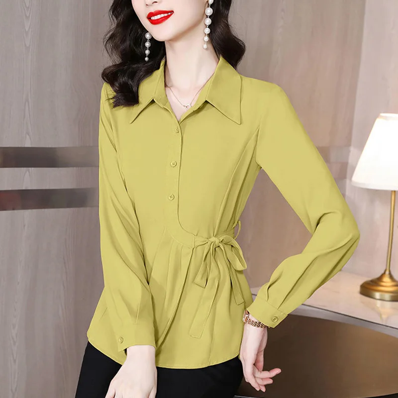 ElegantLapelBandageBowAsymmetricalShirtWomensClothing2022