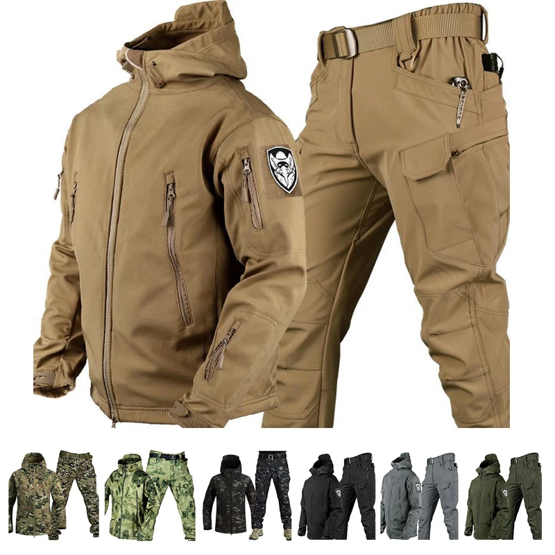 

Тактический комплект из куртки и брюк, мужской спортивный ветрозащитный водонепроницаемый костюм в стиле милитари, куртки с капюшоном из мягкой кожи
