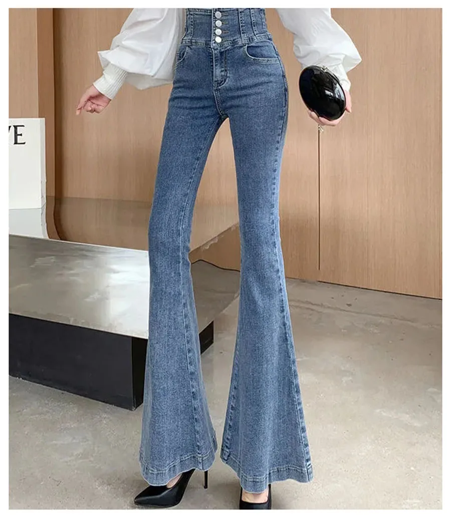 

Women Button Fly Super High Waist Flare Jeans Casual Vintage Skinny Denim Pants Korean Fashion Trousers Streetwear Slim Vaqueros