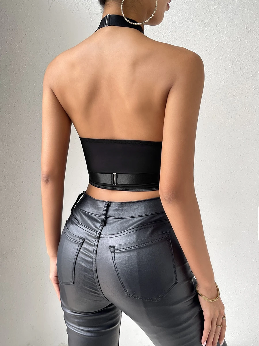 

Women Sexy Crop Halter Tops Lace Lash Trim Sleeveless Crop Tops Camisole Backless Slim Fit Shirt for Streetwear Summer Tanks Top