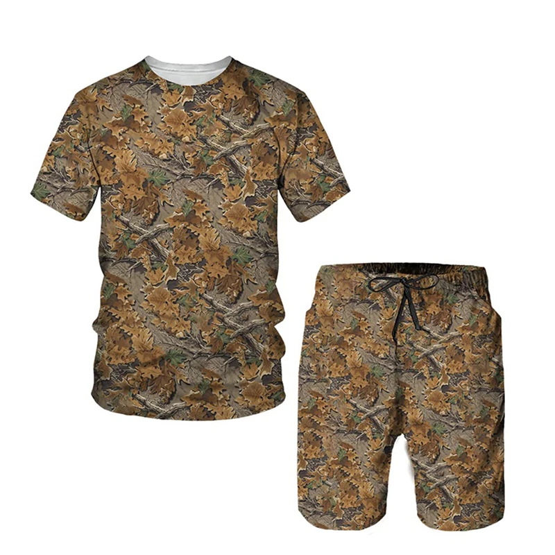 Camouflage Hunting Tracksuit Set Men's Streetwear T Shirt Shorts