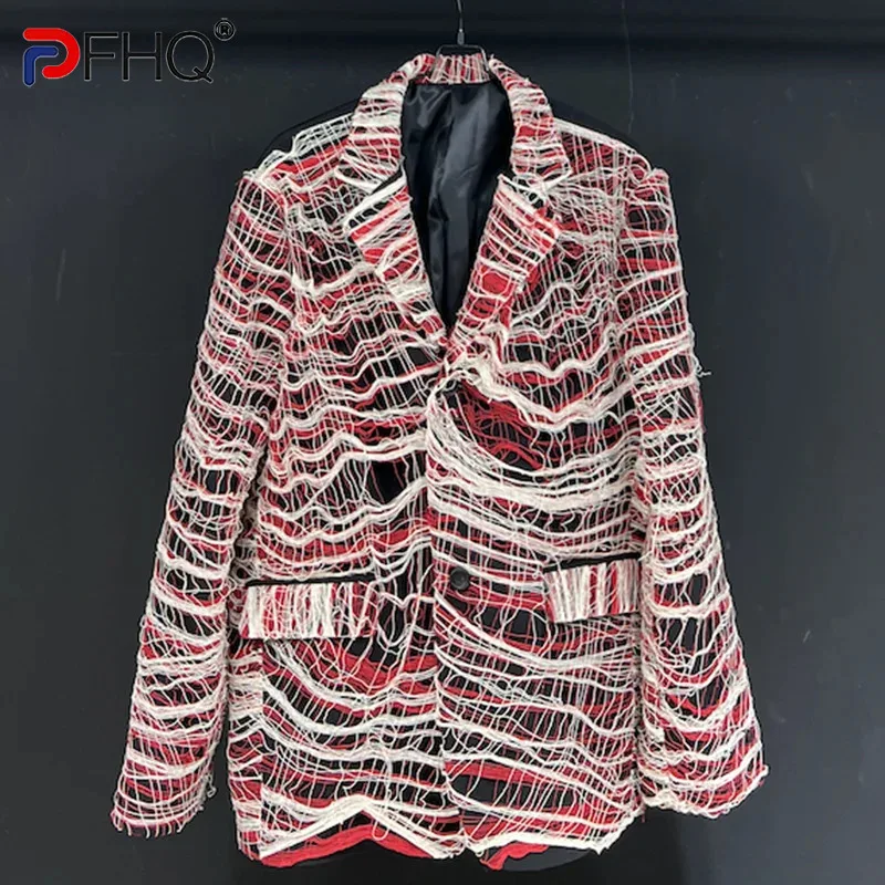 

PFHQ Men's Spider Web Suit Jackets Mesh Pattern Niche Patchwork Loose High Quality Button Personality Blazers Winter New 21Z3515