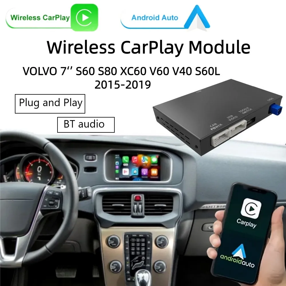 CarPlay Inalámbrico y Android Auto para Volvo V40 2015-2018 XC60 S60L, Interfaz de 7', MirrorLink, AirPlay, Compatible con Cámara de Reversa 1