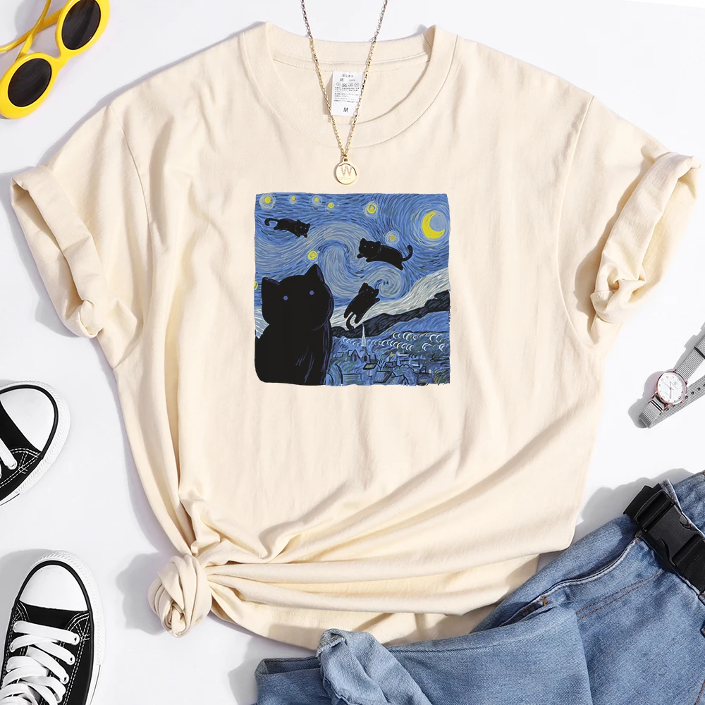 Vincent Van Gogh Starry Night Cute Cat In Painting Print Women's t-Shirt Hip Hop Soft Tops Loose Tshirt Summer Women's Tshirts