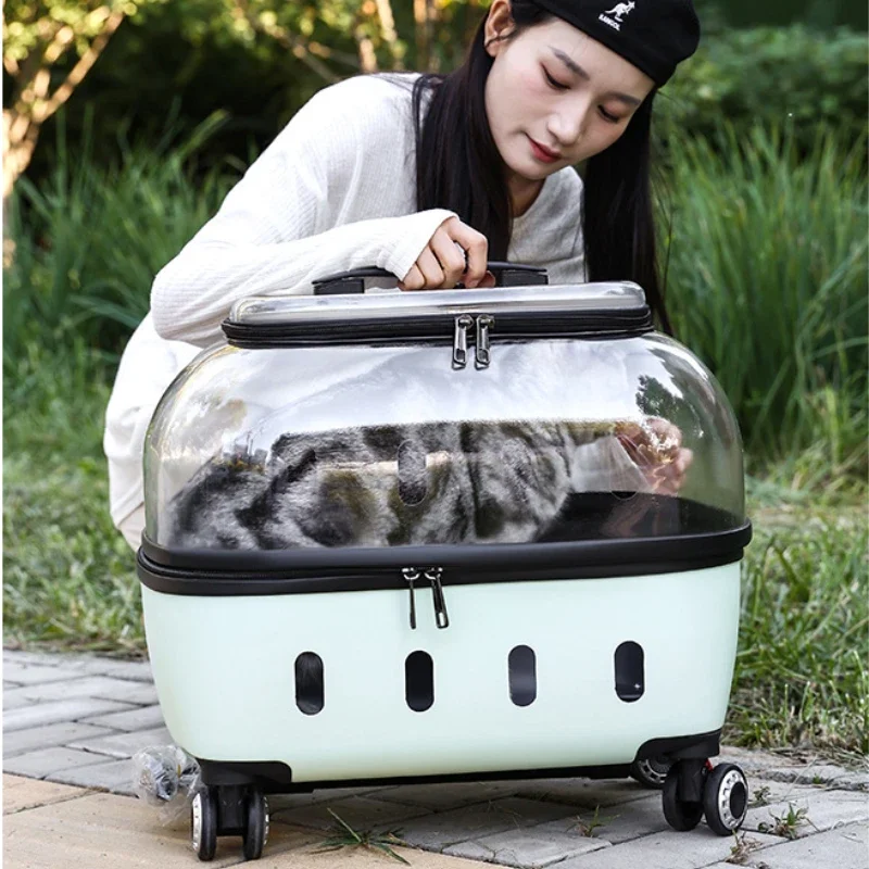 Fashion Transparent Cat Cage Large Capacity Pet Suitcase Breathable Cat Carriers Pull Rod/Handheld Dual Use Transport Cart
