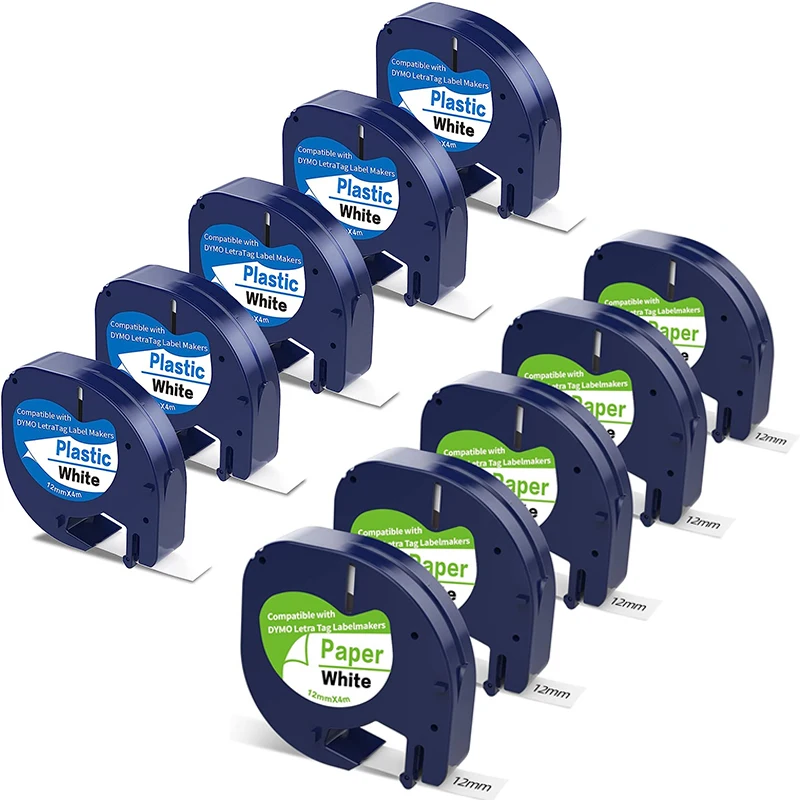 5PK 10PK Compatible Dymo LetraTag Refill 91200 91201 91331 12mm White Plastic Label Tape LT-100H 1/2"