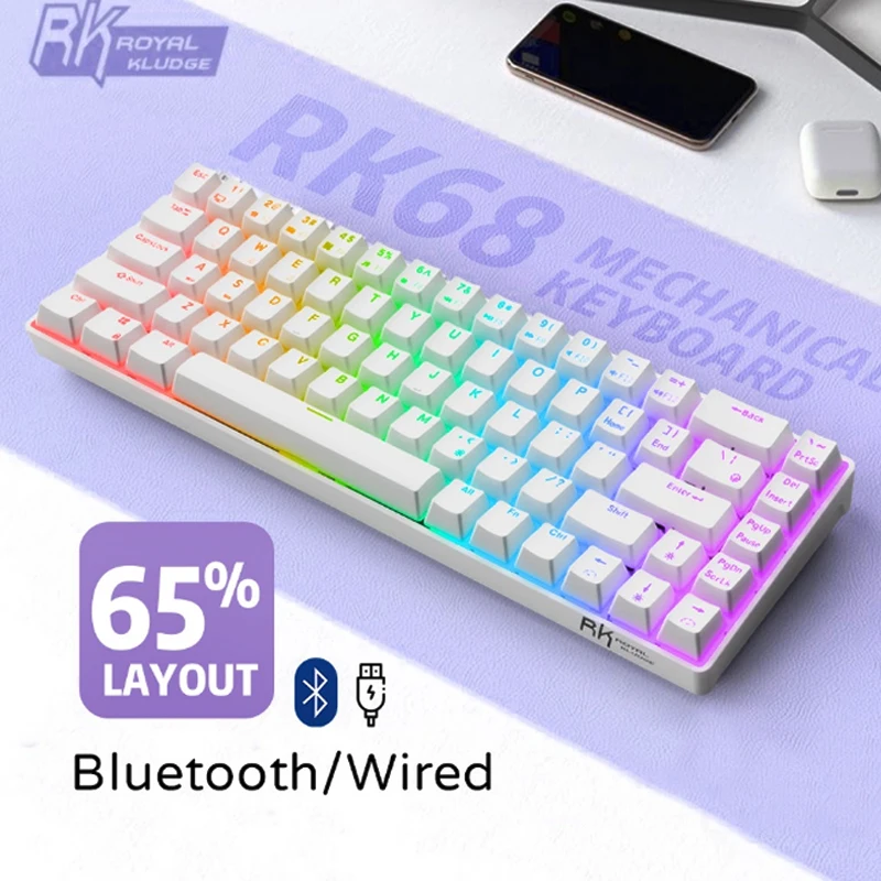 RK68(RK855)/RK71 RGB Wireless 65% Compact Mechanical Keyboard, 68/71 Keys 60% Bluetooth Hot Swappble Gaming Keyboard