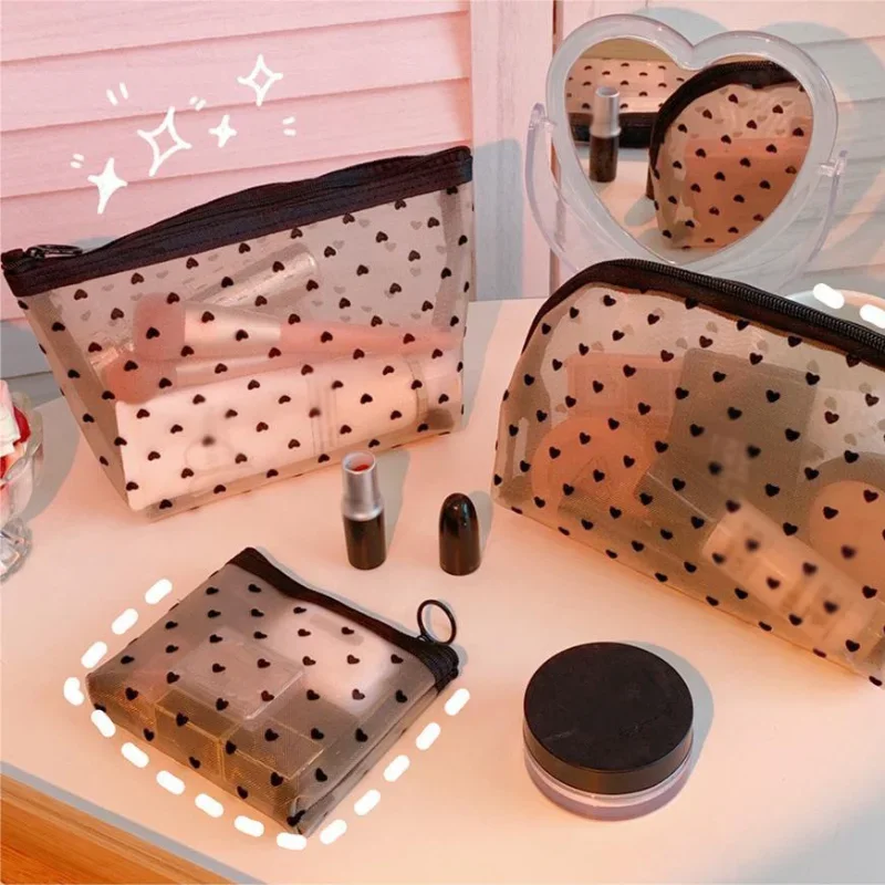 Mesh Cosmetic Bags S/ M/ L Black Transparent Makeup Bags Portable Travel Toiletry Organizer Lipstick Storage Pouch Beach Outdoor 3pcs mesh cosmetic bags s m l   transparent makeup bags portable travel toiletry organizer lipstick storage pouch outdoor