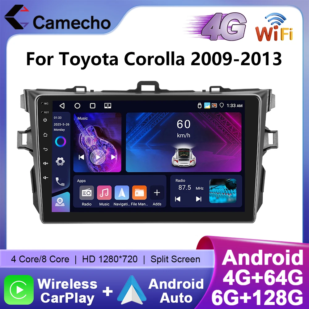 Camecho 6+128G dla Toyota Corolla 2009-2013 Radio samochodowe Bezprzewodowy CarPlay Android Auto GPS Stereo 4G Wifi Samochodowy odtwarzacz multimedialny