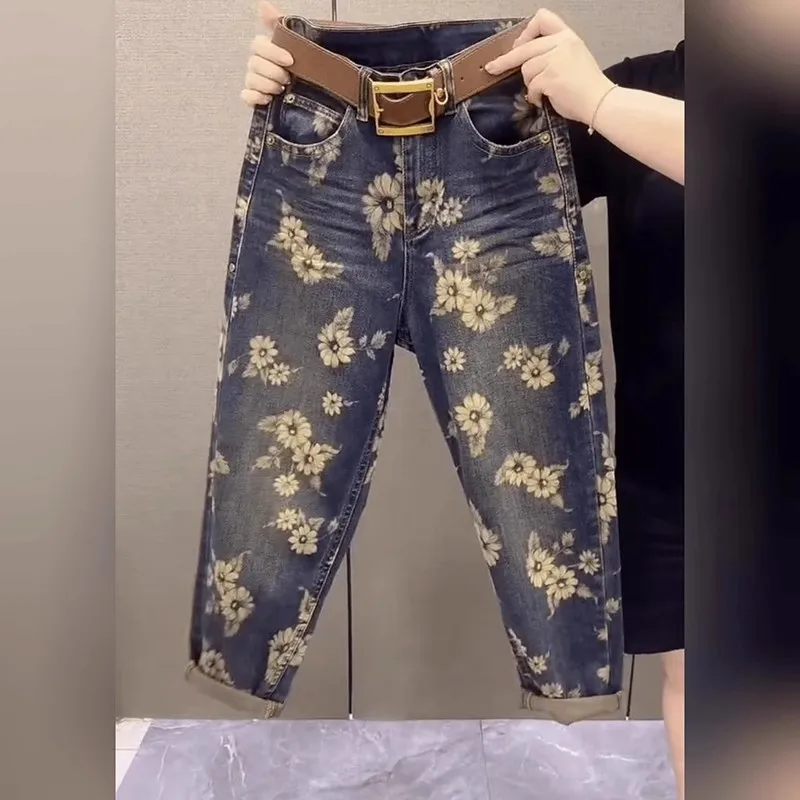 Women Autumn Retro Flower Denim Spliced Harem Pants AK1019
