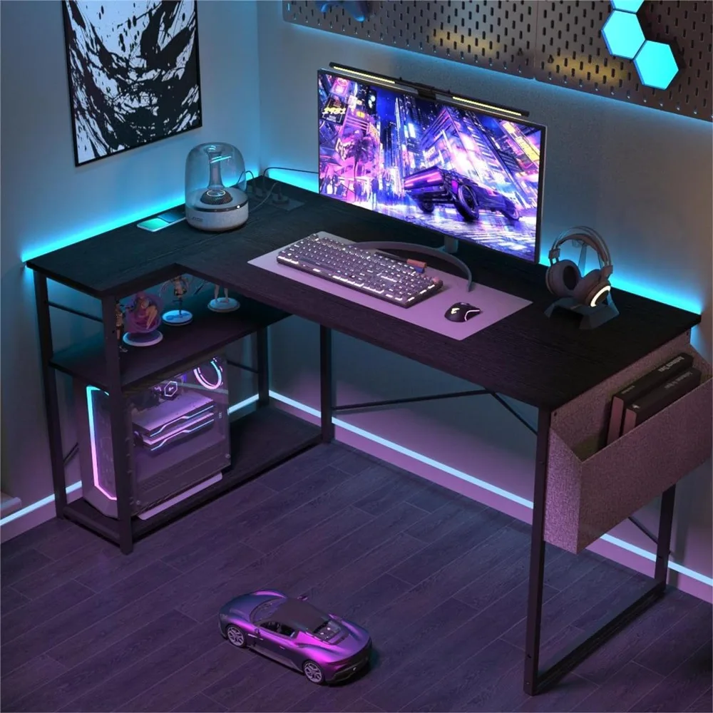 Small Computer with Power Outlets, 40 Inch L Shaped with Reversible Shelves, Gaming Desk Corner Desk Study Writing TableBlack