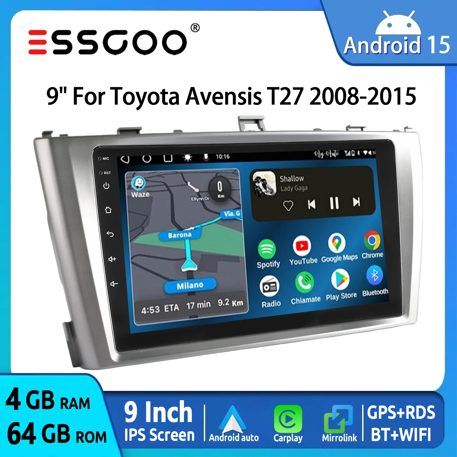 Radio Samochodowe ESSGOO Android 15 9 Cali 4+64G dla Toyota Avensis T27 2008-2015 Bezprzewodowe CarPlay Android Auto Nawigacja GPS WiFi Bluetooth RDS Sterowanie z Kierownicy FM Mirror Link IPS Ekran Dotykowy