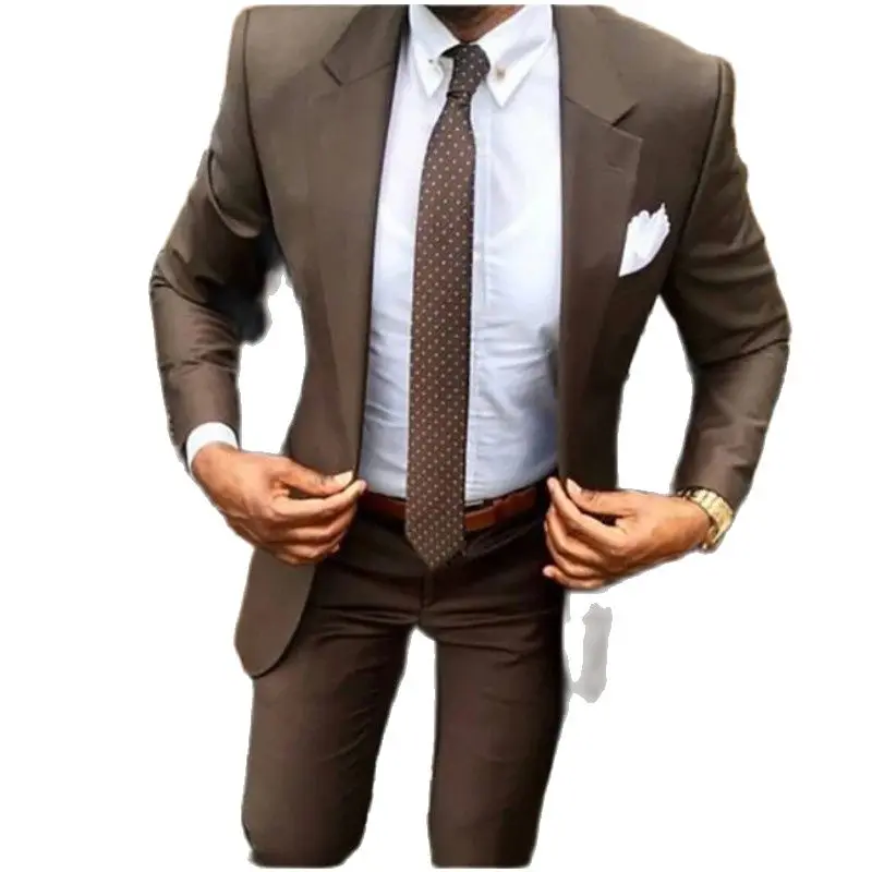 

Latest Coat Pants Designs Brown Men's Suit Slim Fit Elegant Tuxedos Wedding Groom Business Party Suits 2 Pieces Custom Made