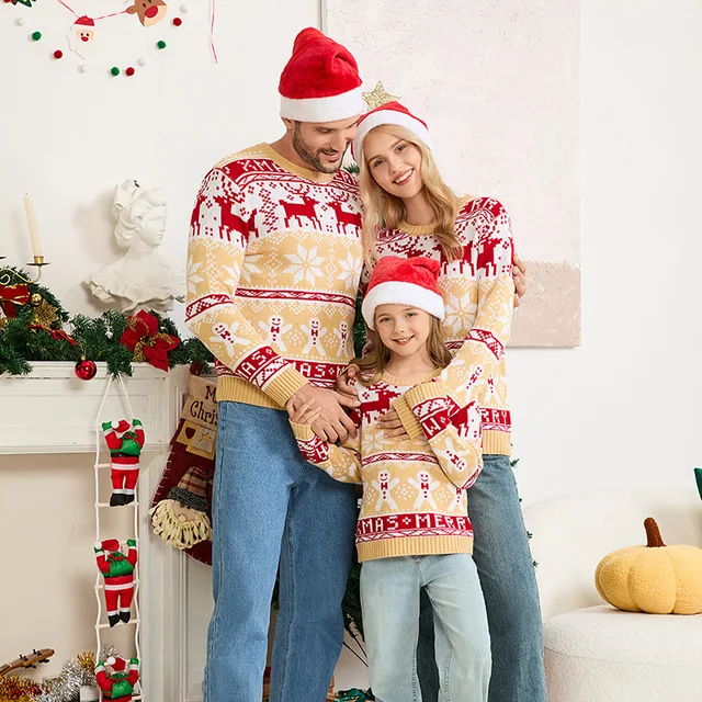 2025 Winter Cartoon Print Mom Dad Kids Matching Outfits Christmas Sweater Full Sleeve Soft Knitwear Cute Jumper Xmas Family Look 1