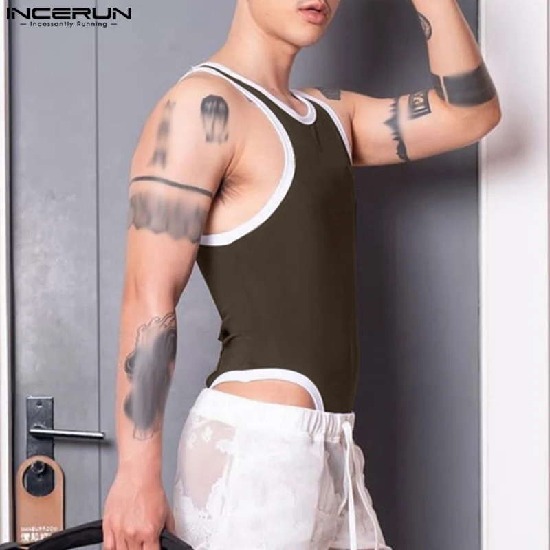 

INCERUN 2023 Men Bodysuits Patchwork Skinny Sexy O-neck Sleeveless Rompers Tank Tops Cozy Pajamas Summer Male Bodysuit S-5XL