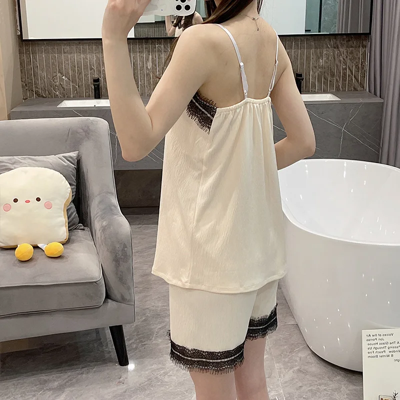 Summer New Thin Pajamas Women's Imitation Cotton Wrinkle Cloth Sexy Breast Cushion Suspender lace Sweet and Cute Two Piece Set